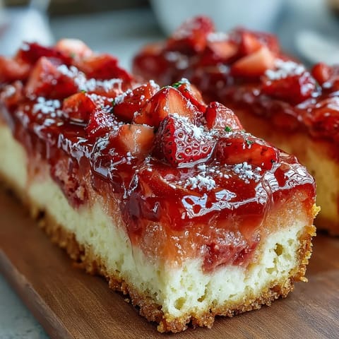 Fresh strawberry lemonade bars with buttery shortbread crust, dusted with powdered sugar for a sweet-tart summer dessert.  