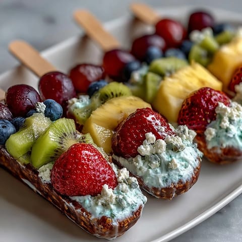 Colorful bento box lunch with fruit skewers, creamy yogurt dip, and mini sandwiches for kids.