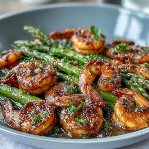 Healthy Easy One-Pan Lemon Garlic Shrimp and Asparagus - succulent shrimp and crisp asparagus tossed in a zesty lemon-garlic sauce, roasted to perfection.