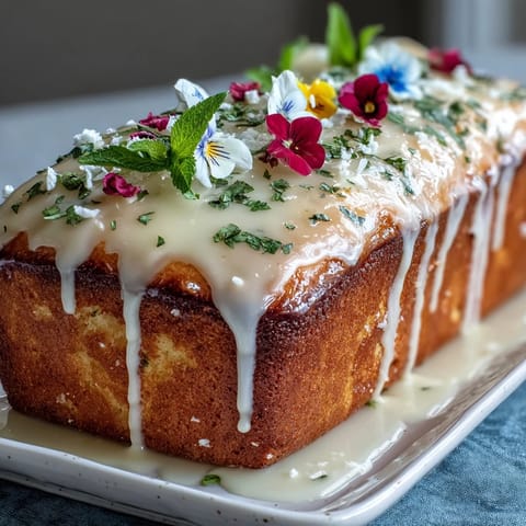 Zesty lemon drizzle cake with tangy glaze and delicate edible flowers, a beautiful Mothers Day dessert centerpiece.