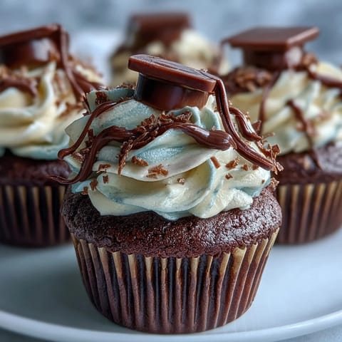 Celebrate graduation with these festive cupcakes topped with edible chocolate graduation caps and colorful buttercream frosting.