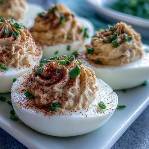 Creamy deviled eggs with paprika and chives, a classic appetizer perfect for parties or picnics.  