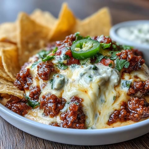 Festive Cinco de Mayo loaded queso dip with chorizo, pico de gallo, and creamy melted cheese, perfect for parties.