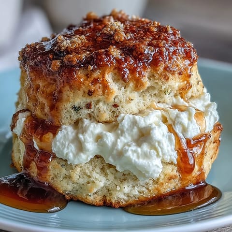 Warm, honey-kissed scones with golden crust, served with a dollop of rich clotted cream and a drizzle of dandelion honey.