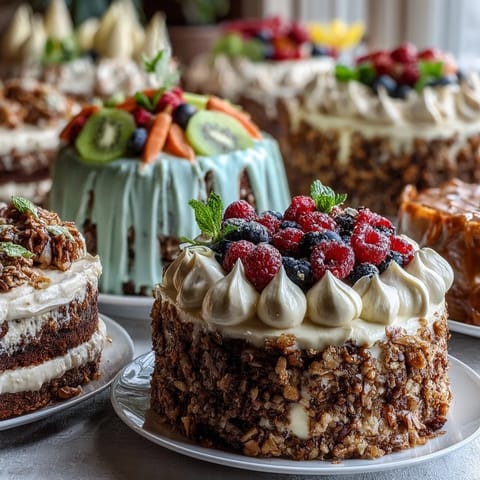Elegant Easter dessert table with carrot cake, pavlova, and lemon tart. Festive spring sweets perfect for holiday gatherings.