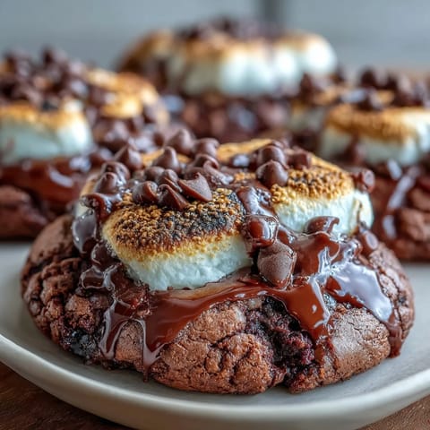 Gooey smores brownie mix cookies with marshmallow tops, chocolate chips, and graham cracker chunks.  