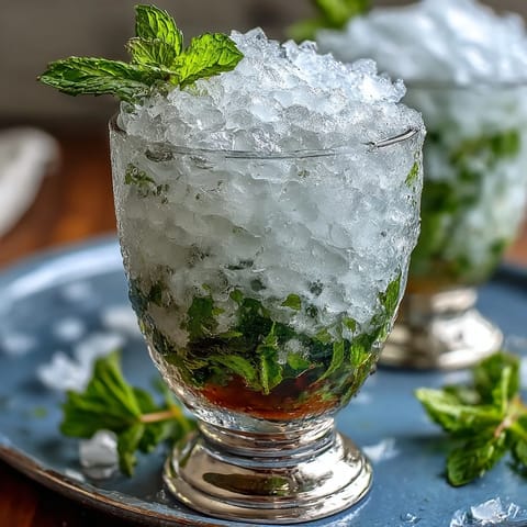 Kentucky Derby Mint Julep Mocktail with Fresh Mint in a silver cup, garnished with vibrant mint sprigs and crushed ice.