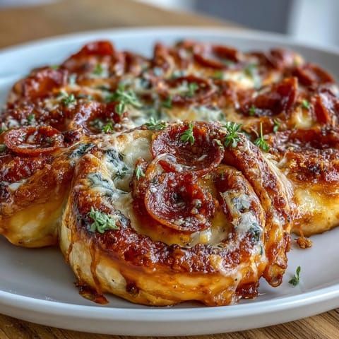 Golden, baked pizza pinwheels loaded with pepperoni slices, gooey mozzarella, and zesty marinara sauce. Great for snacking or sharing.