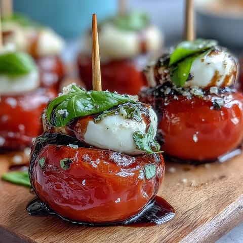 Mini Caprese skewers bursting with fresh tomato, mozzarella, basil, and balsamic glaze.