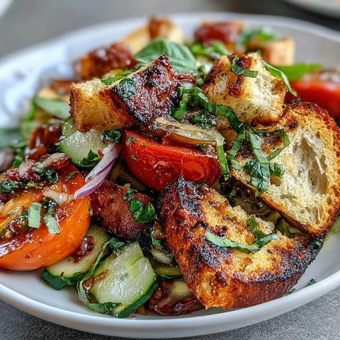 Fresh Summer Panzanella with grilled bread, bright tomatoes, and herbs.