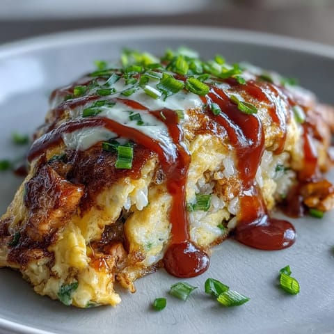 Japanese Omurice: fluffy ketchup egg omelet over savory rice, drizzled with sauce.