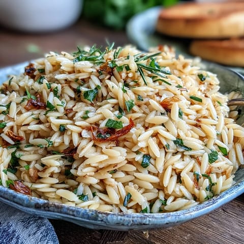 Herb-Roasted Garlic Orzo pasta with a golden hue and fresh green herbs.