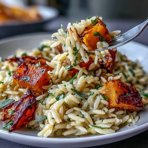 Creamy orzo with butternut squash and sage, a hearty autumn dish, looks delicious.
