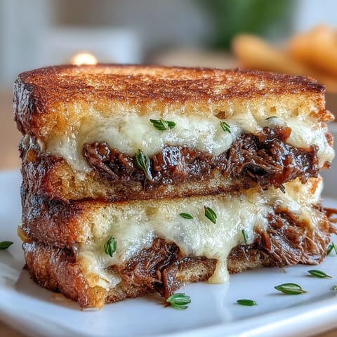 Golden-brown sourdough hugs slow-cooked short ribs for the perfect short rib grilled cheese.