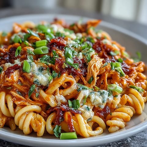 Creamy Buffalo Chicken Pasta (No-Bake) dish with tender chicken and tangy sauce.