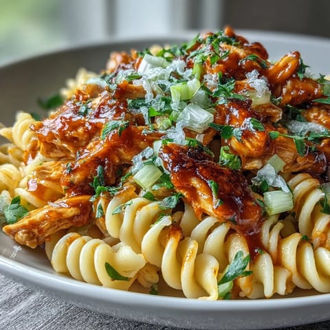 Flavorful No-Bake Buffalo Chicken Pasta topped with fresh celery and green onions.