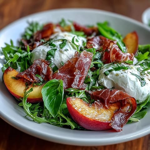 Creamy burrata, sweet peaches, and salty prosciutto star in this vibrant summer salad.