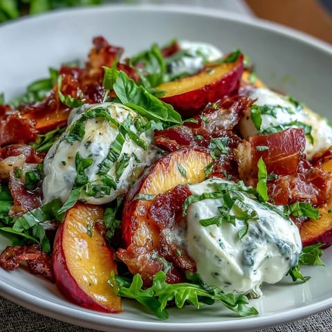 A stunning Peach Burrata Prosciutto Salad, ready in fifteen minutes for a light meal.