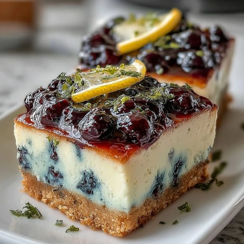 Creamy no-bake lemon blueberry cheesecake bars with vibrant fruit swirls.