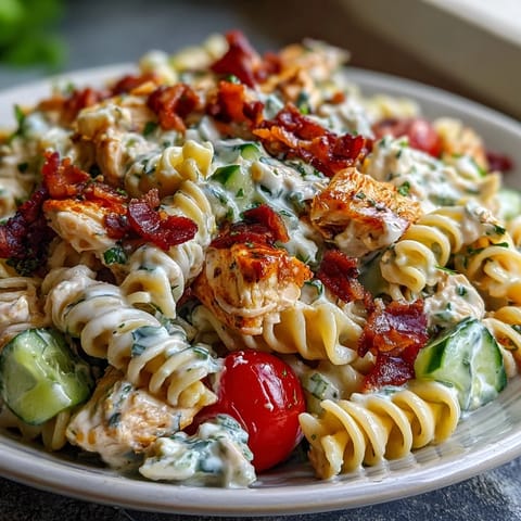 A delicious Creamy Chicken Bacon Ranch Pasta Salad loaded with chicken, bacon, and garden fresh vegetables.
