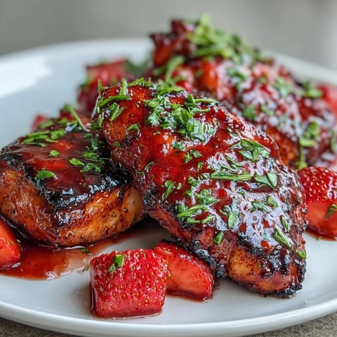 Glazed Strawberry Balsamic BBQ Chicken, juicy grilled breasts artfully coated, highlighting sticky, vibrant sauce.