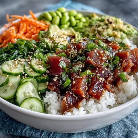 Vibrant canned tuna poke bowl filled with rice, avocado, and a tangy sesame dressing.