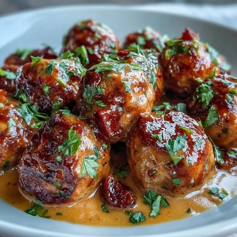 Juicy mango coconut curry meatballs simmered in a vibrant, tropical sauce.