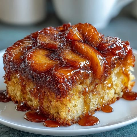 Golden brown sugar peach upside-down cake, glistening with caramelized fruit, ready to serve.