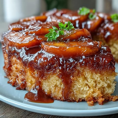 Tender, moist upside-down cake studded with sweet, syrupy peaches, a summer delight.