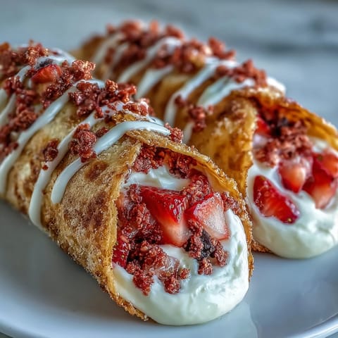Creamy strawberry crunch cheesecake tacos ready to be devoured.