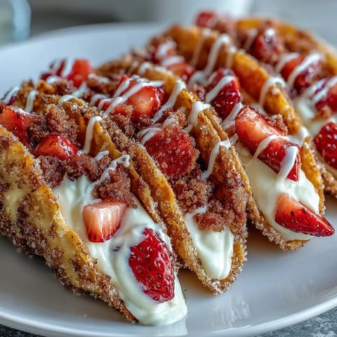 Sweet strawberry crunch cheesecake tacos with a crisp shell.