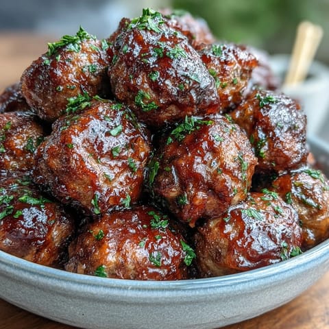 Juicy hot honey peach meatballs glistening with sweet and spicy glaze.