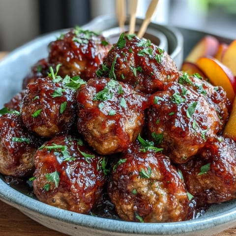 Tender meatballs coated in a vibrant hot honey peach sauce, ready to serve.