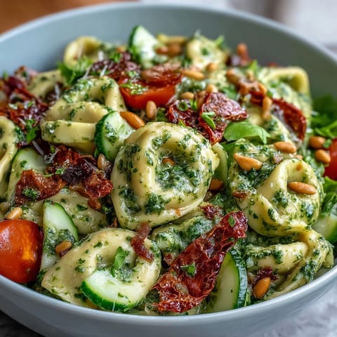 Vibrant Creamy Pesto Tortellini Picnic Salad with sun-dried tomatoes and fresh herbs.