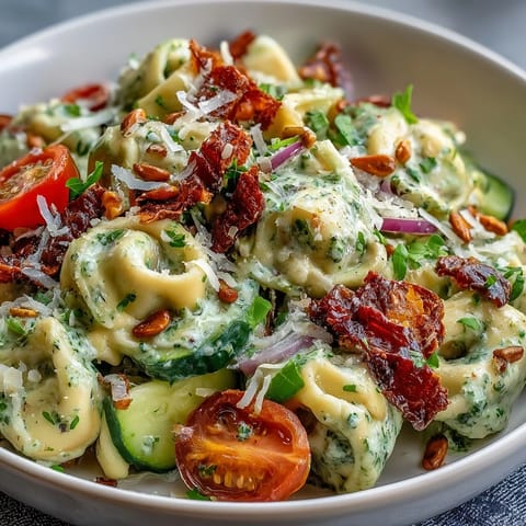 Cheesy tortellini tossed in creamy pesto dressing, perfect for your next potluck.