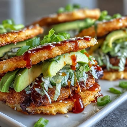 Crispy rice burger tacos with avocado and Sriracha drizzle.