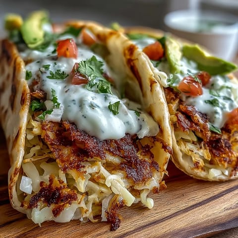 Vibrant vegetarian Crispy Cabbage Smash Tacos with fresh cilantro and creamy lime sauce.