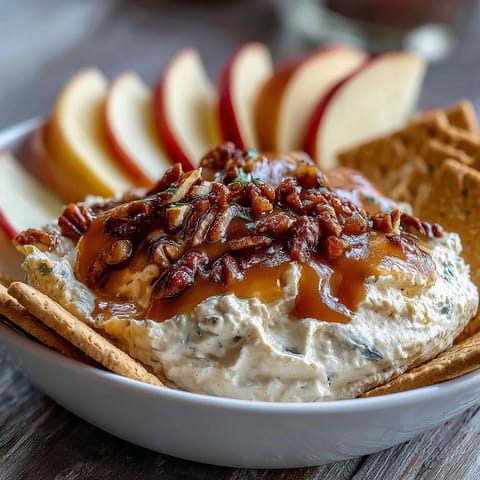 Creamy caramel apple cheesecake dip topped with chopped pecans, ready for dipping.