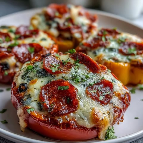 Golden-baked bell pepper rings loaded with gooey pizza ingredients, a delicious low-carb treat.