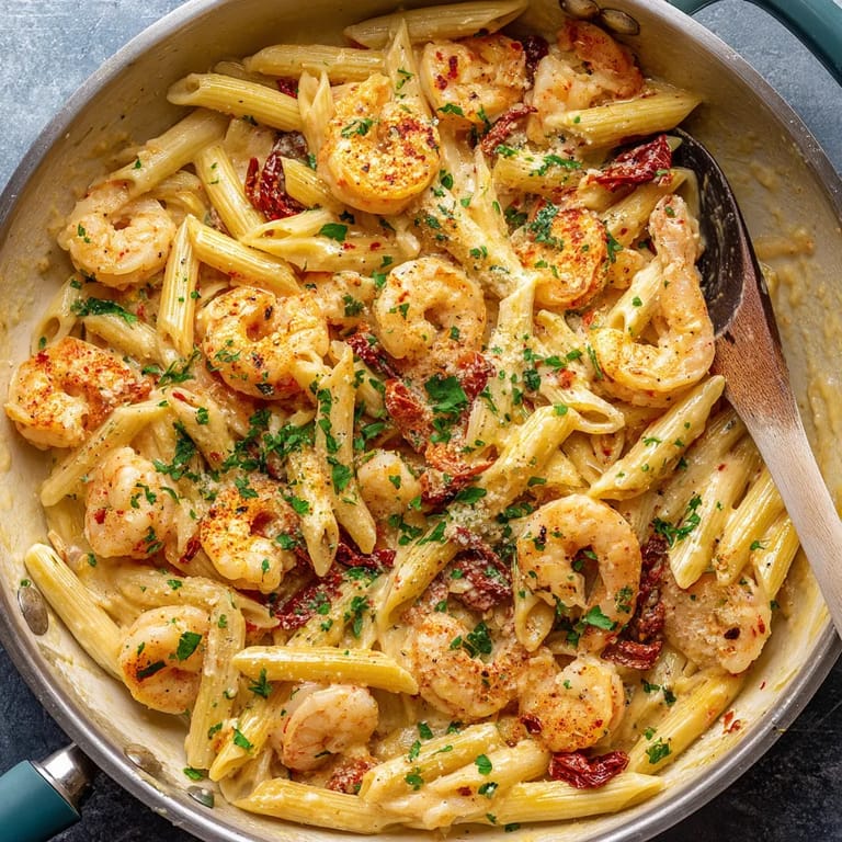 A bowl of shrimp and pasta.