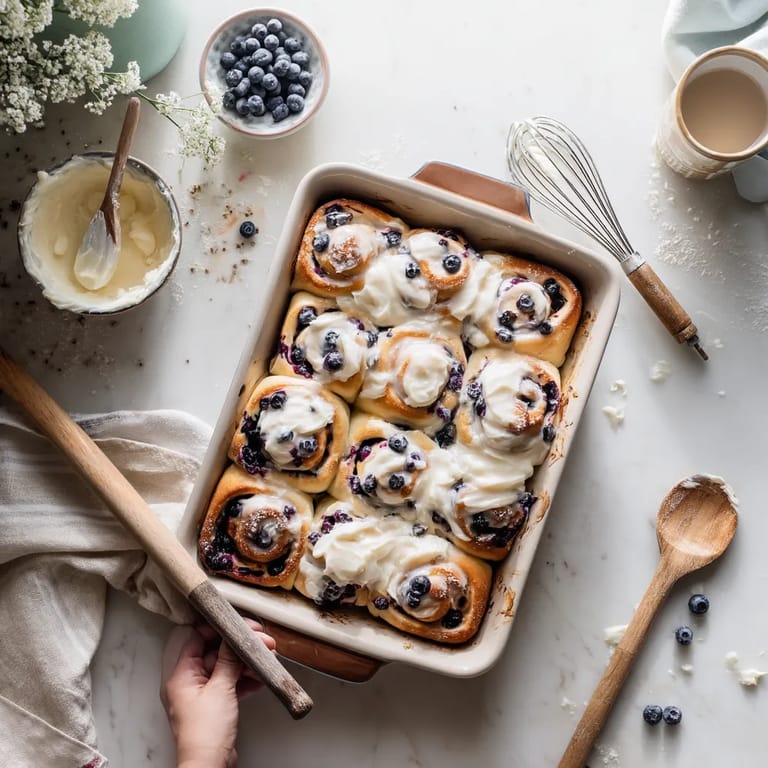 A pan of blueberry swirl rolls.