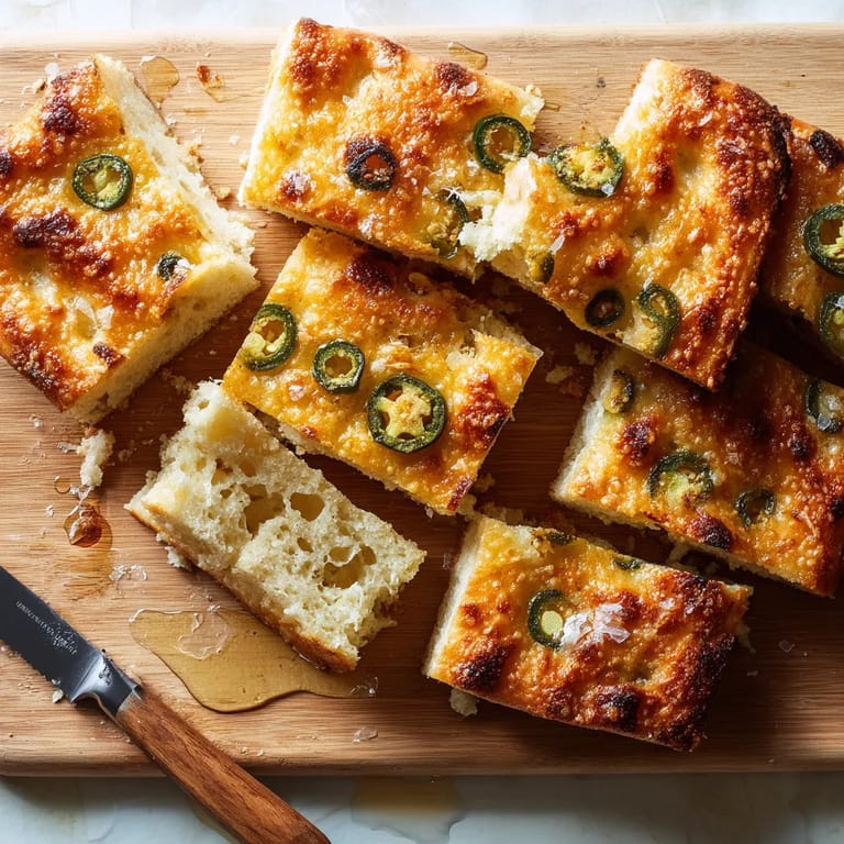 Slices of pizza with jalapenos on a cutting board.