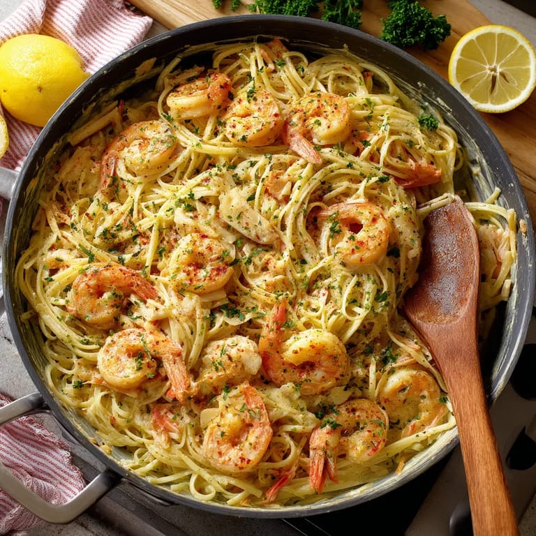 A bowl of shrimp and pasta.