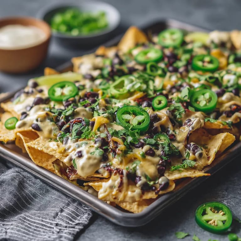 A pan of nachos with jalapenos and black beans.