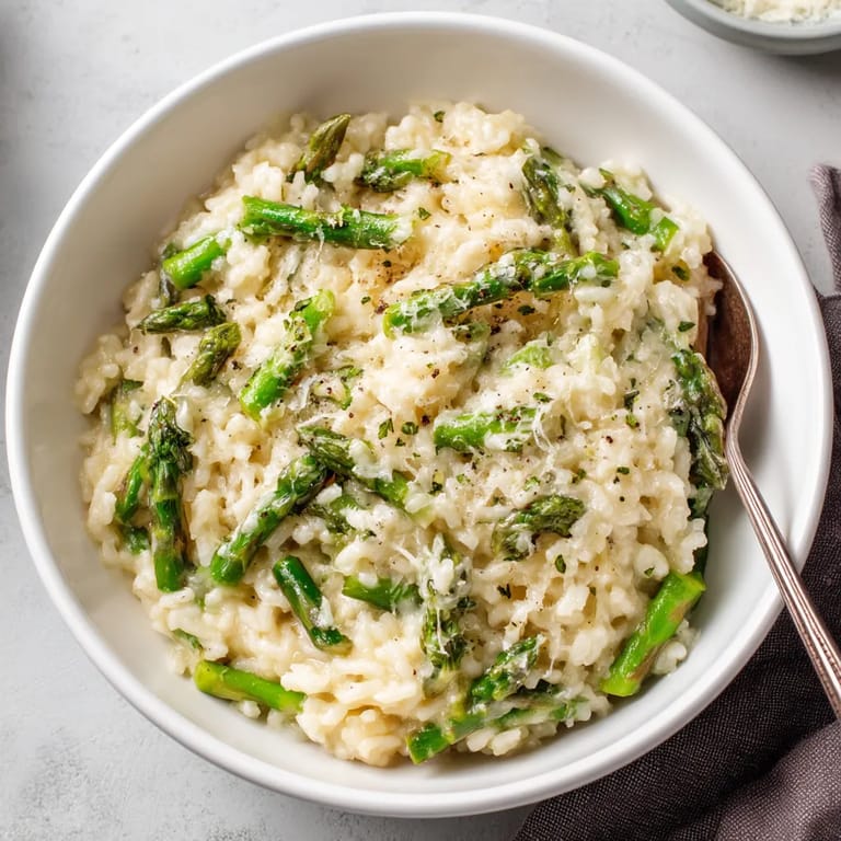 A bowl of rice with asparagus and cheese.