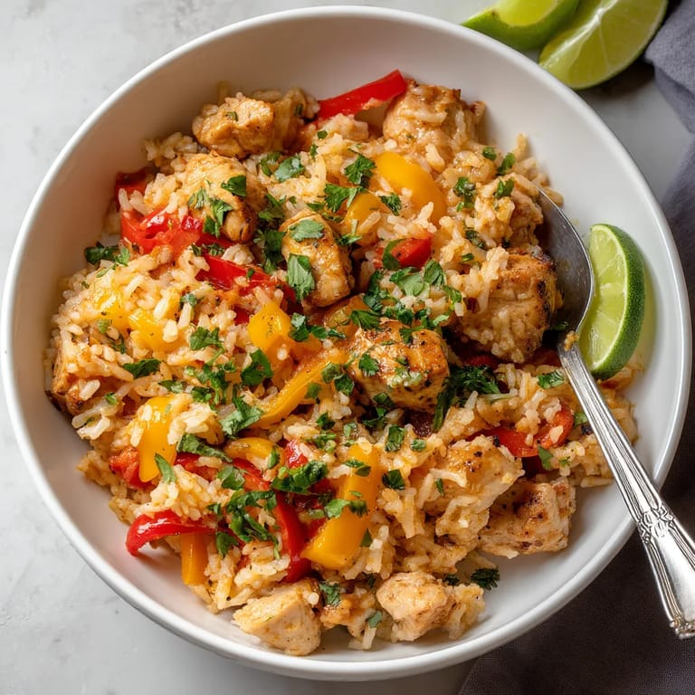 A bowl of rice and chicken with a spoon in it.