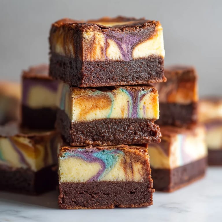 A stack of brownies with chocolate and white frosting.