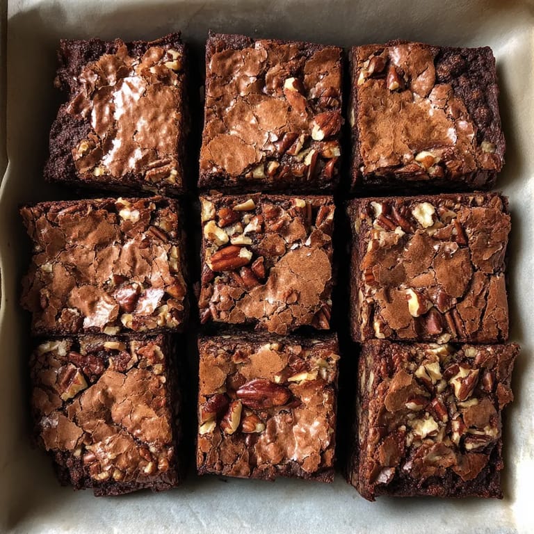 A tray of brownies with nuts.