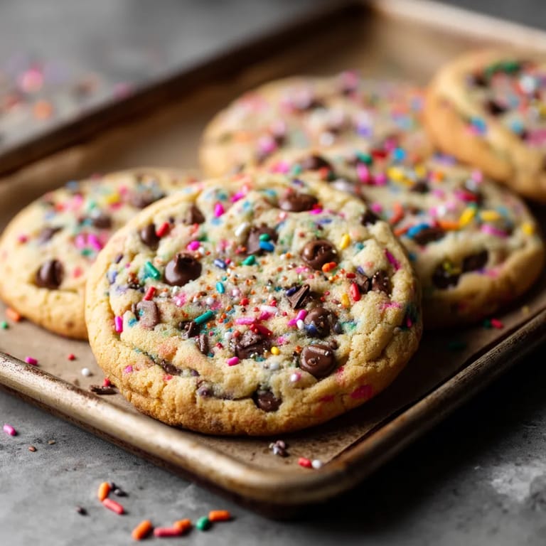 A pan of chocolate chip cookies with sprinkles.