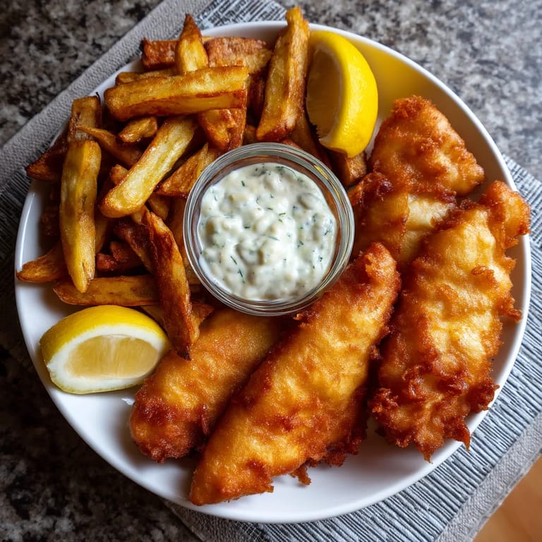 A plate of fish and chips with a lemon wedge.